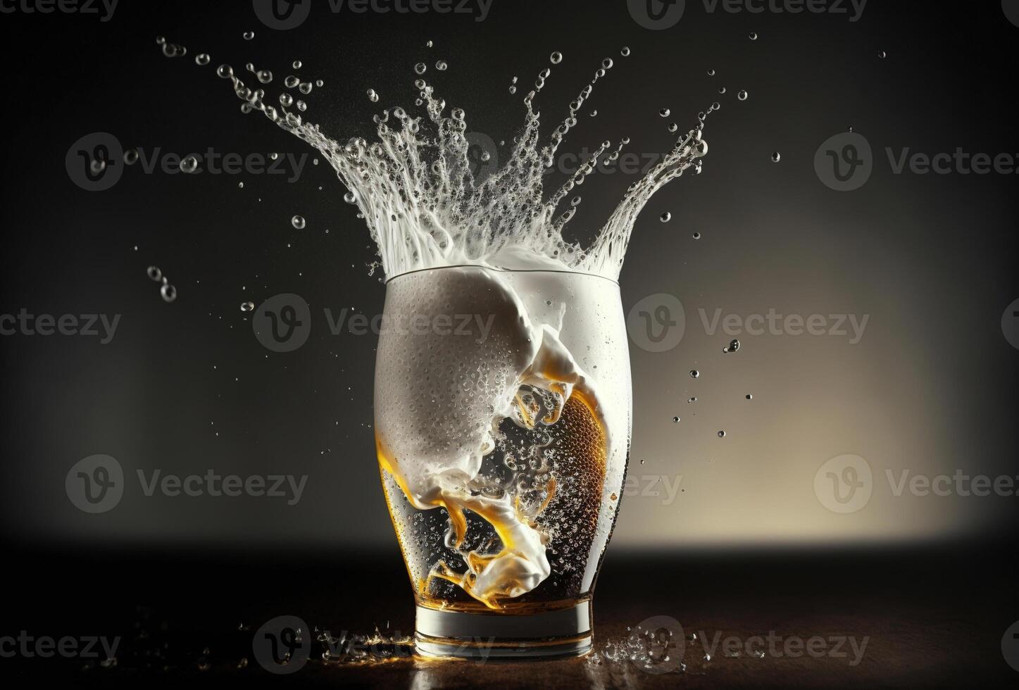 A glass of beer on a wooden table against a dark blurry background in the light of the sunset. Splash and splash of foam. . photo