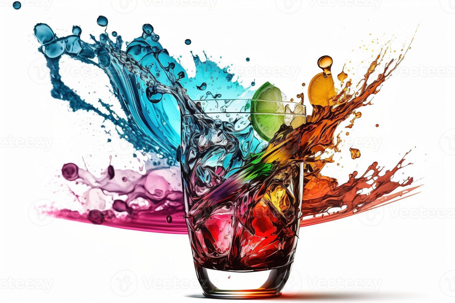 A splash of multicolored liquid in a clear glass. Explosion and splashing cocktail. Abstract illustration on white background. . photo