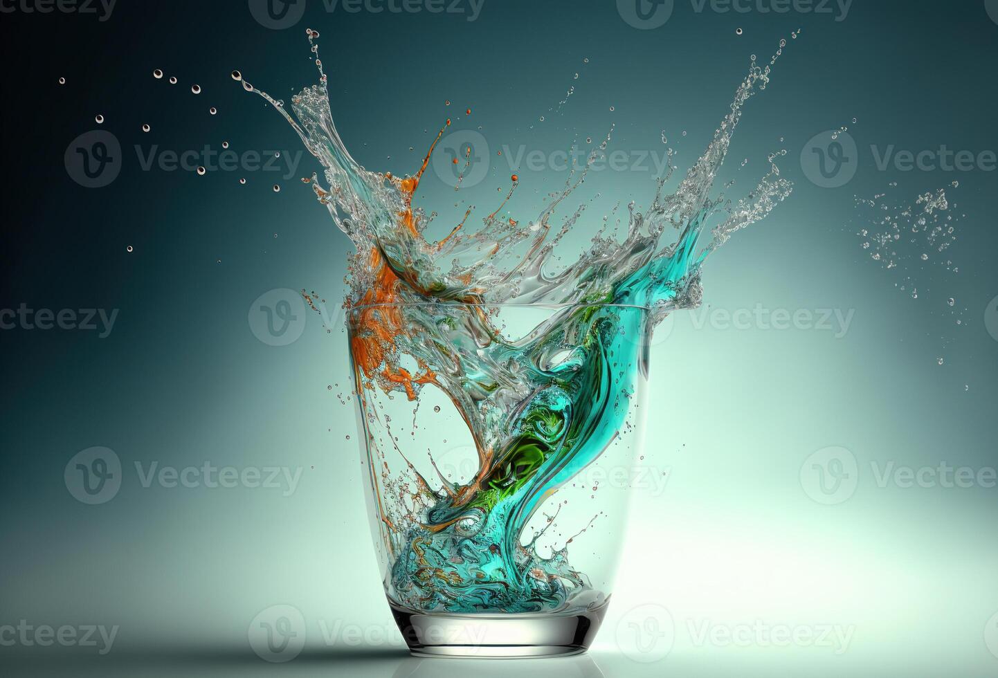 A glass with a splash of colored transparent liquid. An explosion of water droplets on an abstract gradient background. 3D rendering. . photo