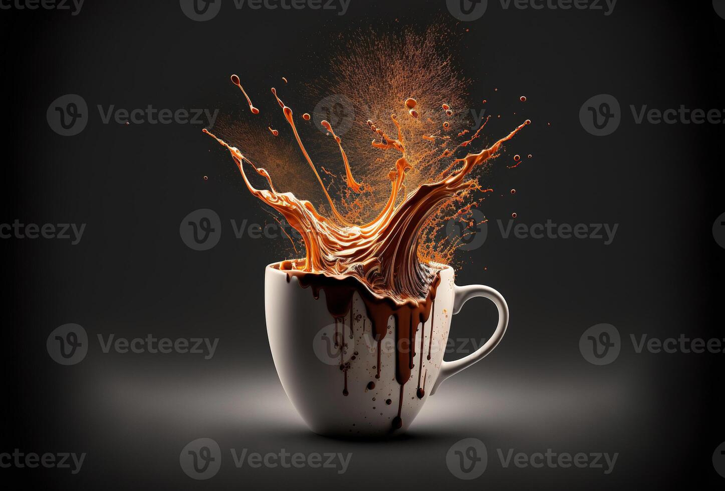Coffee cup, splash and splatter. Burst of brown liquid, drips. Abstract illustration on dark background. . photo