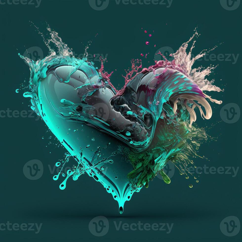 Abstract composition. Liquid heart, multicolored splashes. 3D rendering. . photo