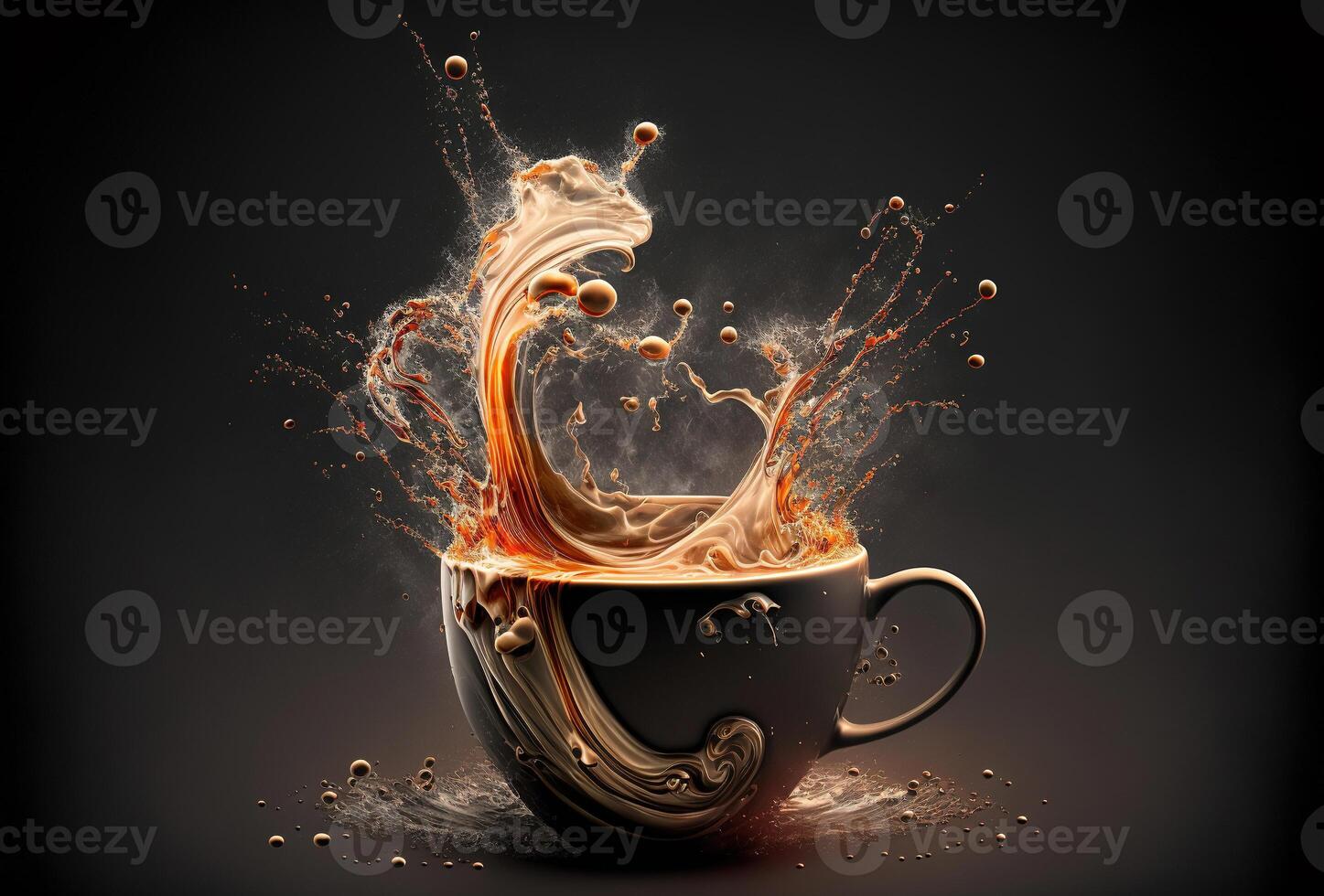 Coffee cup, splash and splatter. Burst of brown liquid, drips. Abstract illustration on dark background. . photo