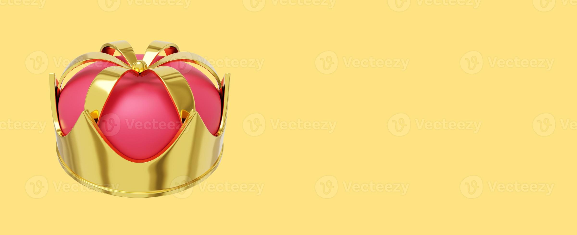 Royal crown gold metal with red cap, symbol of power, top view. 3d rendering. Icon on yellow background, space for text. photo