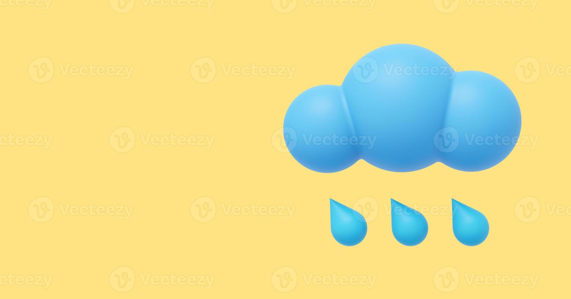 Blue cartoon cloud with rain. 3D rendering. Icon on yellow background, space for text. photo