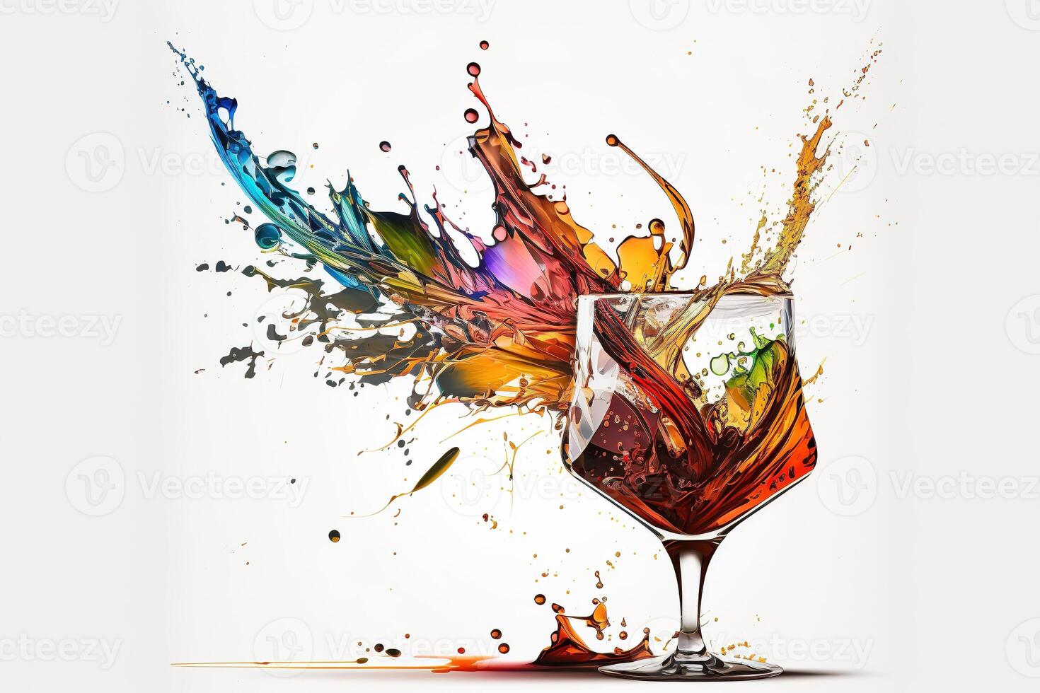 A splash of multicolored liquid in a clear glass. Explosion and splashing cocktail. Abstract illustration on white background. . photo