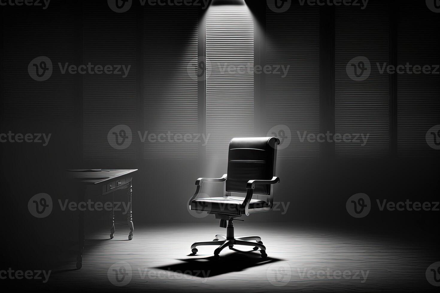 An office chair in a beam of studio light in the middle of a dark room, a cinematic scene. Free vacancy concept, leadership, ideal candidate. . photo