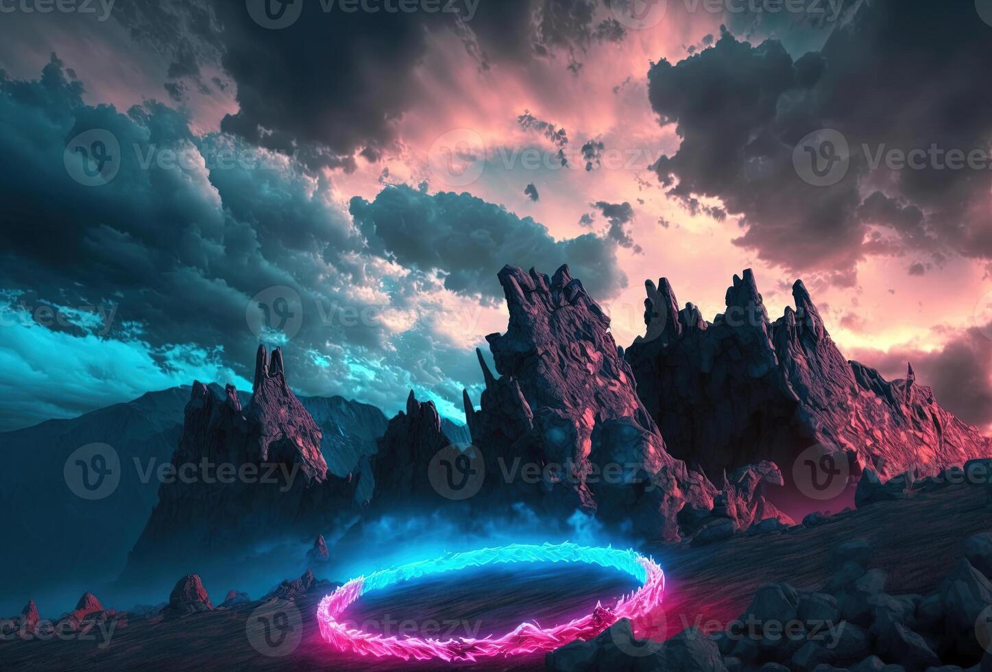 Fantastic mountain scenery with a round neon portal against a cloudy, thunderous sky. Surrealistic dystopian alien world. 3D rendering. . photo