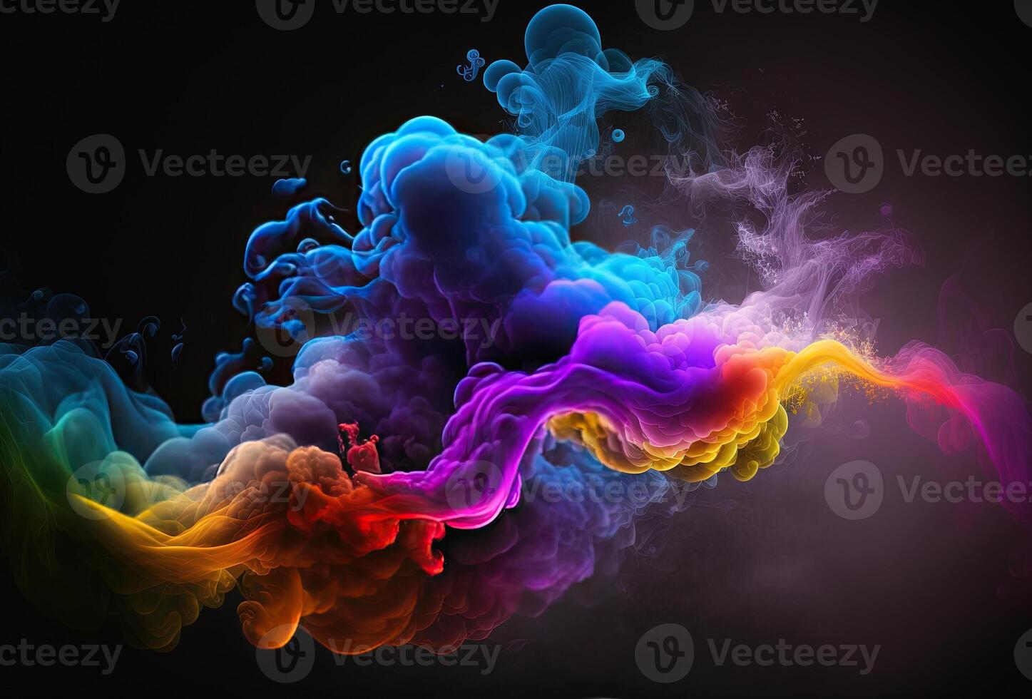 Bubbles of multicolored neon smoke, ink. An explosion, a burst of holi paint. Abstract psychedelic black dark background. 3D rendering. . photo