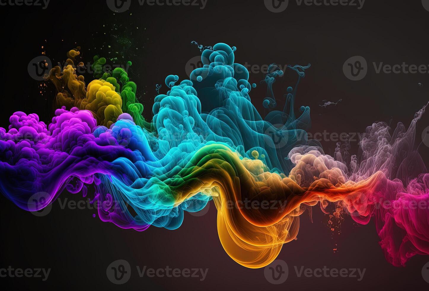 Bubbles of multicolored neon smoke, ink. An explosion, a burst of holi paint. Abstract psychedelic black dark background. 3D rendering. . photo
