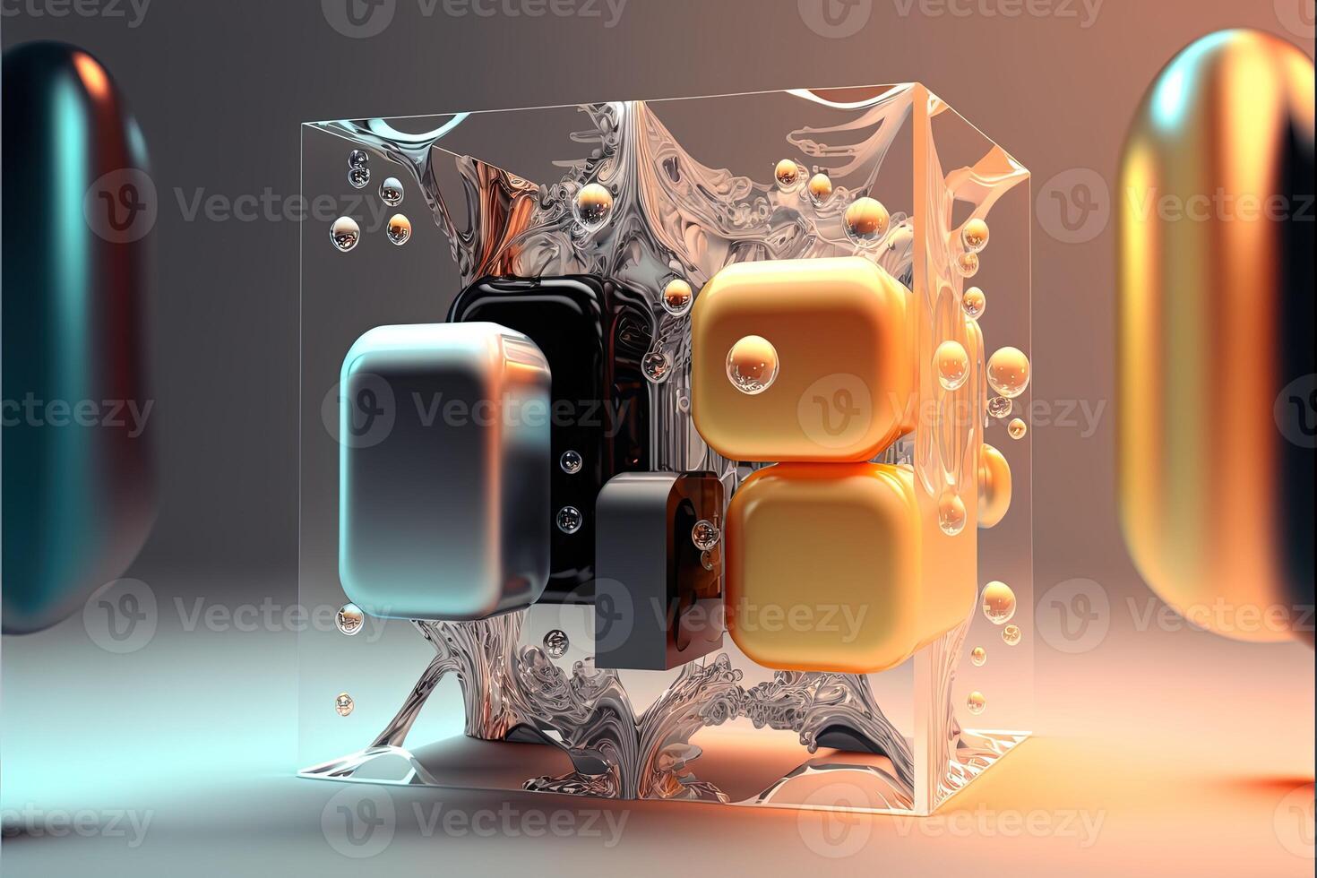 Luxurious abstract background. Simple glass figures. Frozen multicolored liquid. Gradient light. 3D rendering. . photo