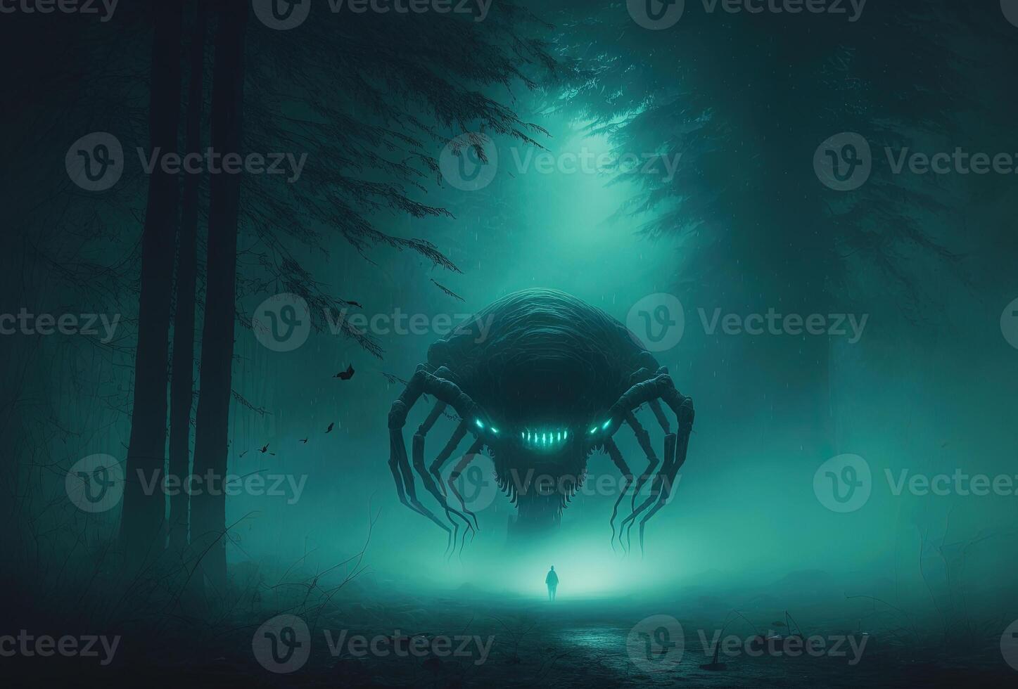 Scary alien monster in the misty night forest. The creepy silhouette of a huge creature with glowing eyes is illuminated by the moon. 3D rendering. . photo