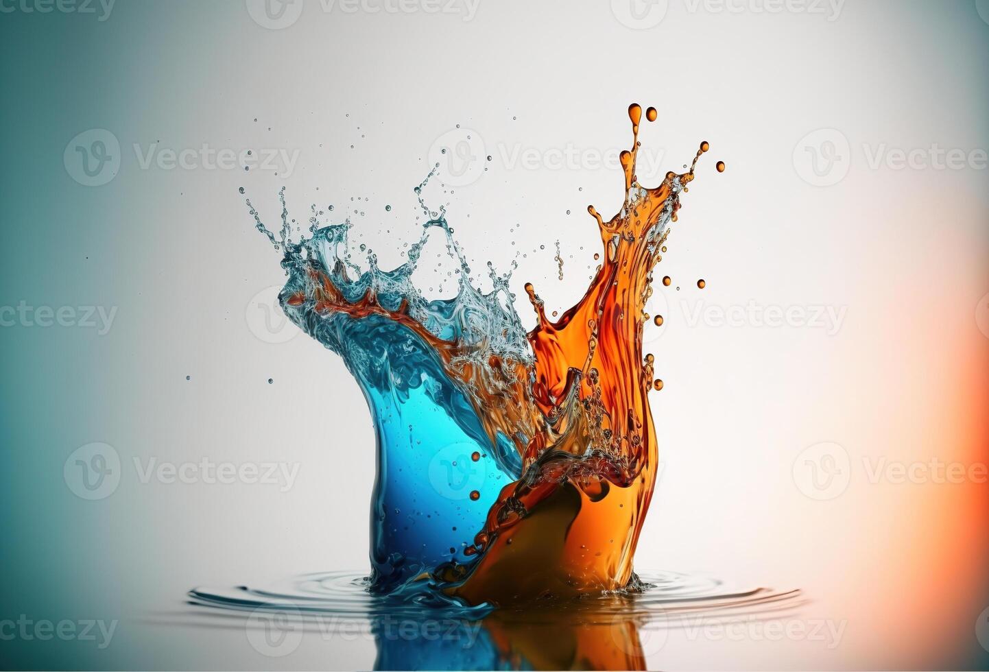 A glass with a splash of colored transparent liquid. An explosion of water droplets on an abstract gradient background. 3D rendering. . photo