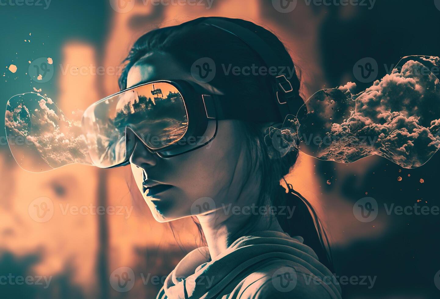 Young girl, woman with VR glasses immersed in virtual reality, surreal abstract background, double exposition. Creative art and meta-universe technology. 3D rendering. photo