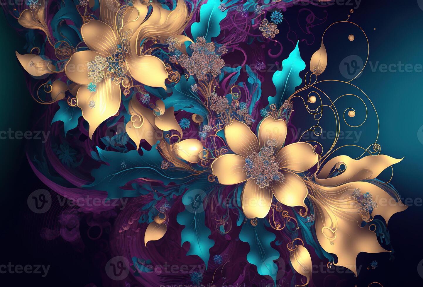 Elegant, luxurious ornament of gold, purple and green flowers and leaves. Abstract floral pattern, jewelry background. 3D rendering. photo