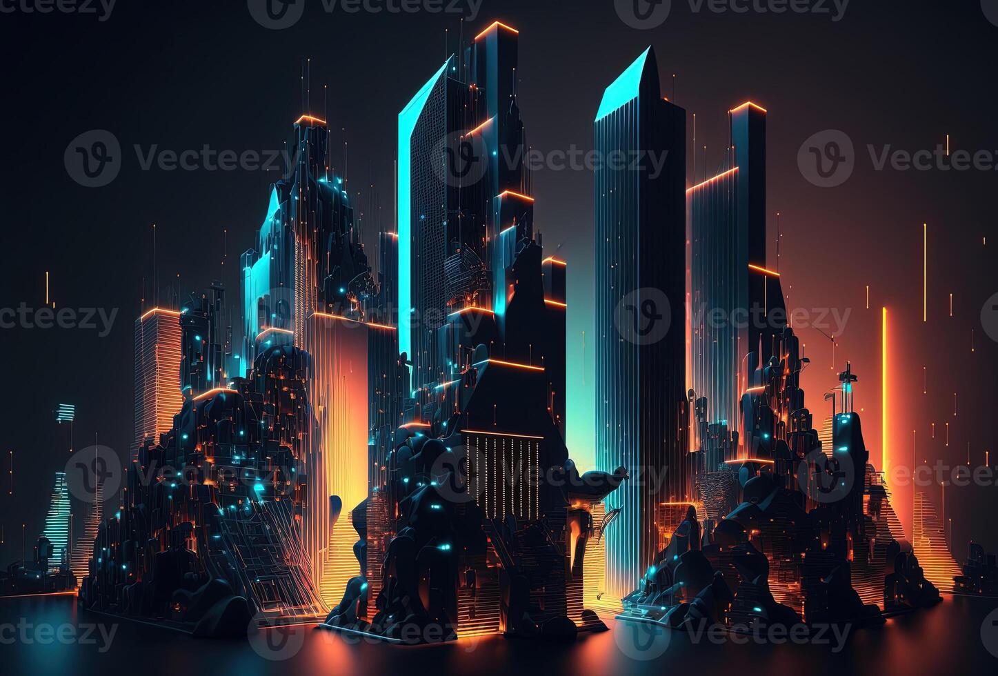 A futuristic night city in the distance glowing with neon light. Surrealistic skyscrapers. Cyberpunk, immersive world of the metaverse. 3D rendering. . photo