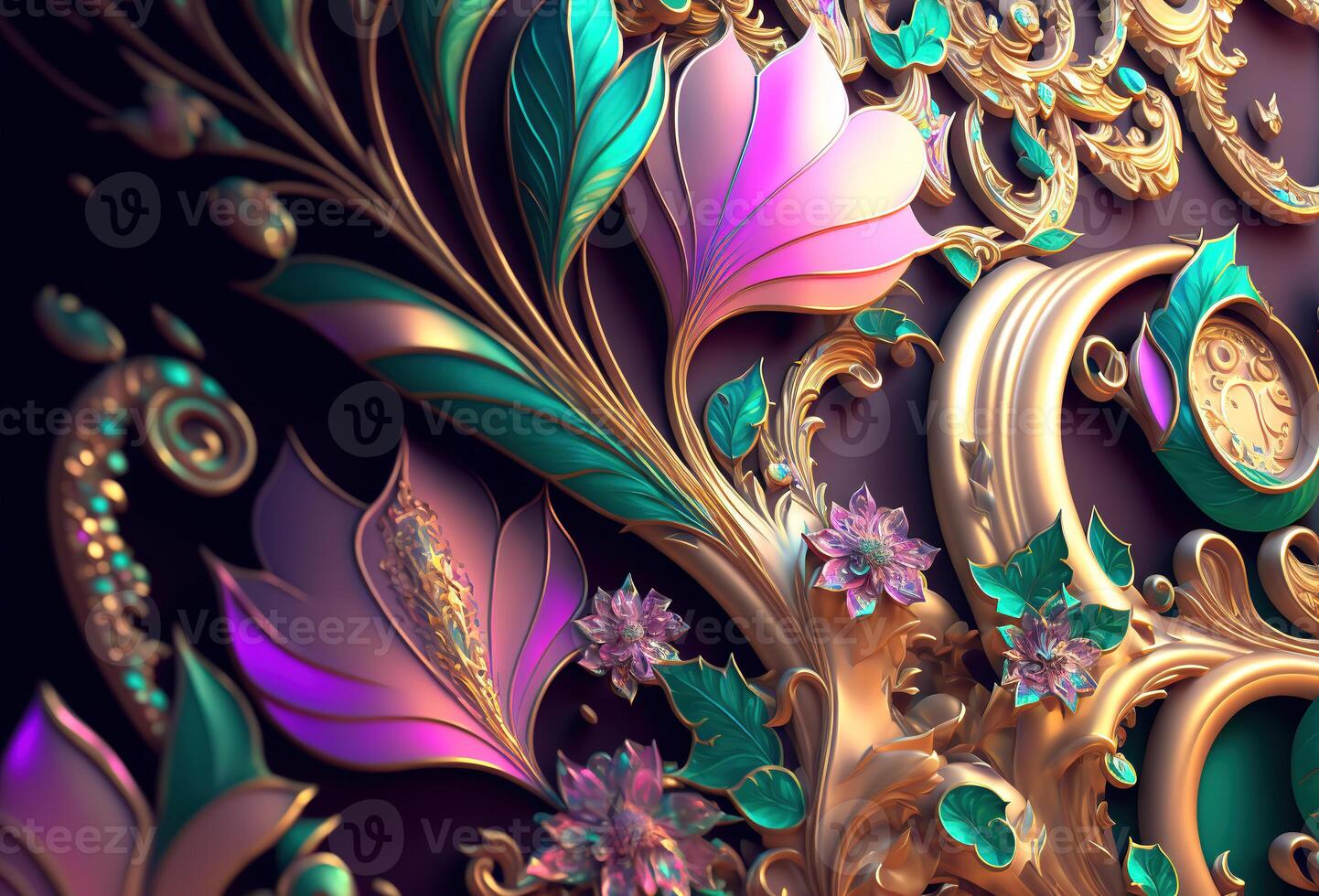 Elegant, luxurious ornament of gold, purple and green flowers and leaves. Abstract floral pattern, jewelry background. 3D rendering. photo