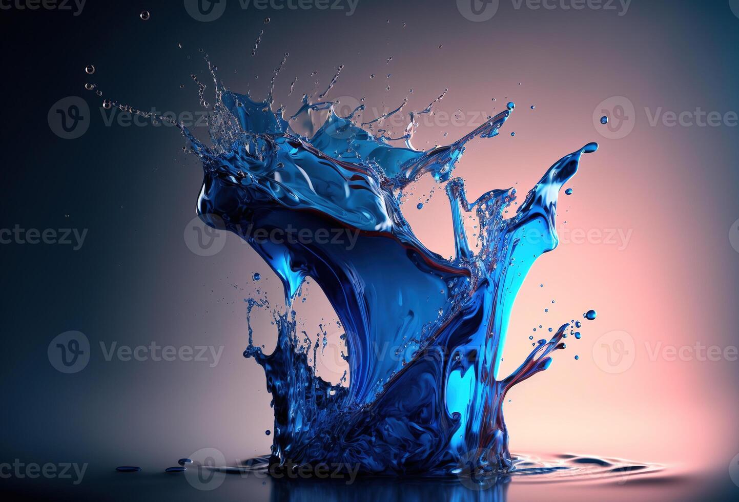 A glass with a splash of colored transparent liquid. An explosion of water droplets on an abstract gradient background. 3D rendering. . photo