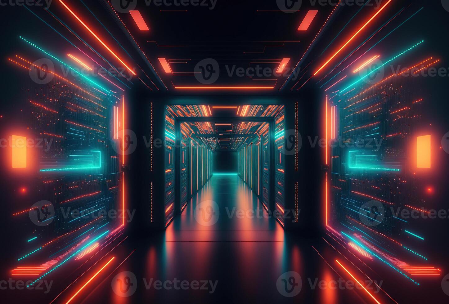 A fantastic neon tunnel, the corridor of a spaceship. Immersion in virtual reality, artificial intelligence. Dark abstract background with multicolored glow. 3D rendering. . photo
