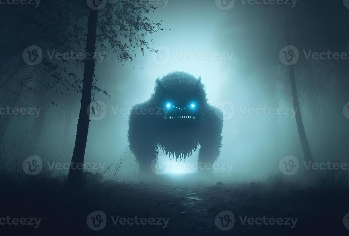 Scary alien monster in the misty night forest. The creepy silhouette of a huge creature with glowing eyes is illuminated by the moon. 3D rendering. . photo