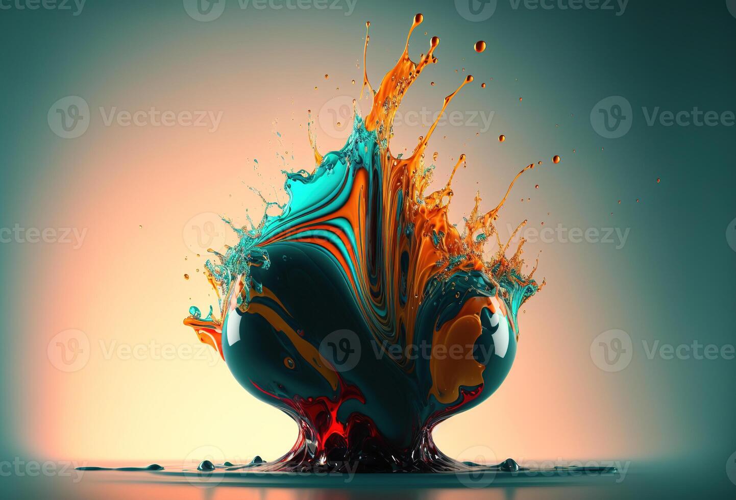 A splash of colorful liquid on a mirrored surface. An explosion of paint, ink. An immersive, abstract background. 3D rendering. photo