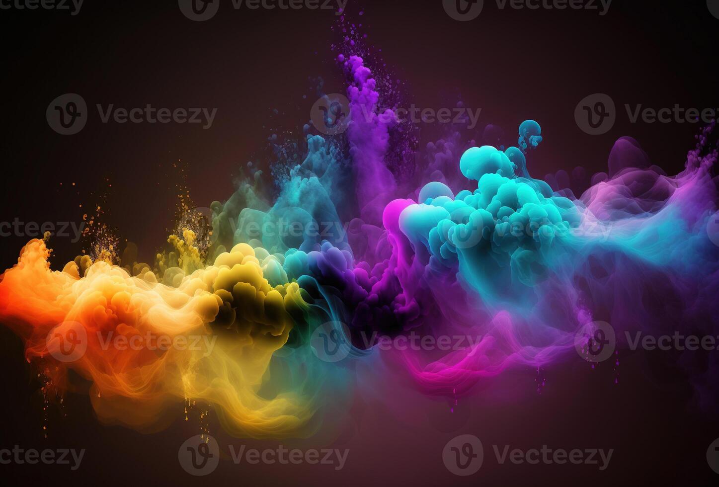 Bubbles of multicolored neon smoke, ink. An explosion, a burst of holi paint. Abstract psychedelic black dark background. 3D rendering. . photo