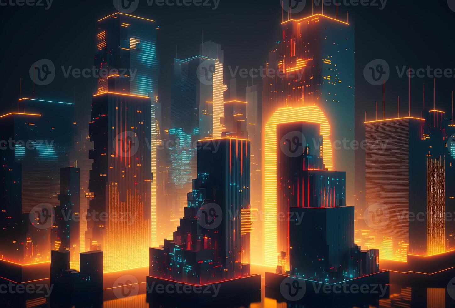 A futuristic night city in the distance glowing with neon light. Surrealistic skyscrapers. Cyberpunk, immersive world of the metaverse. 3D rendering. . photo