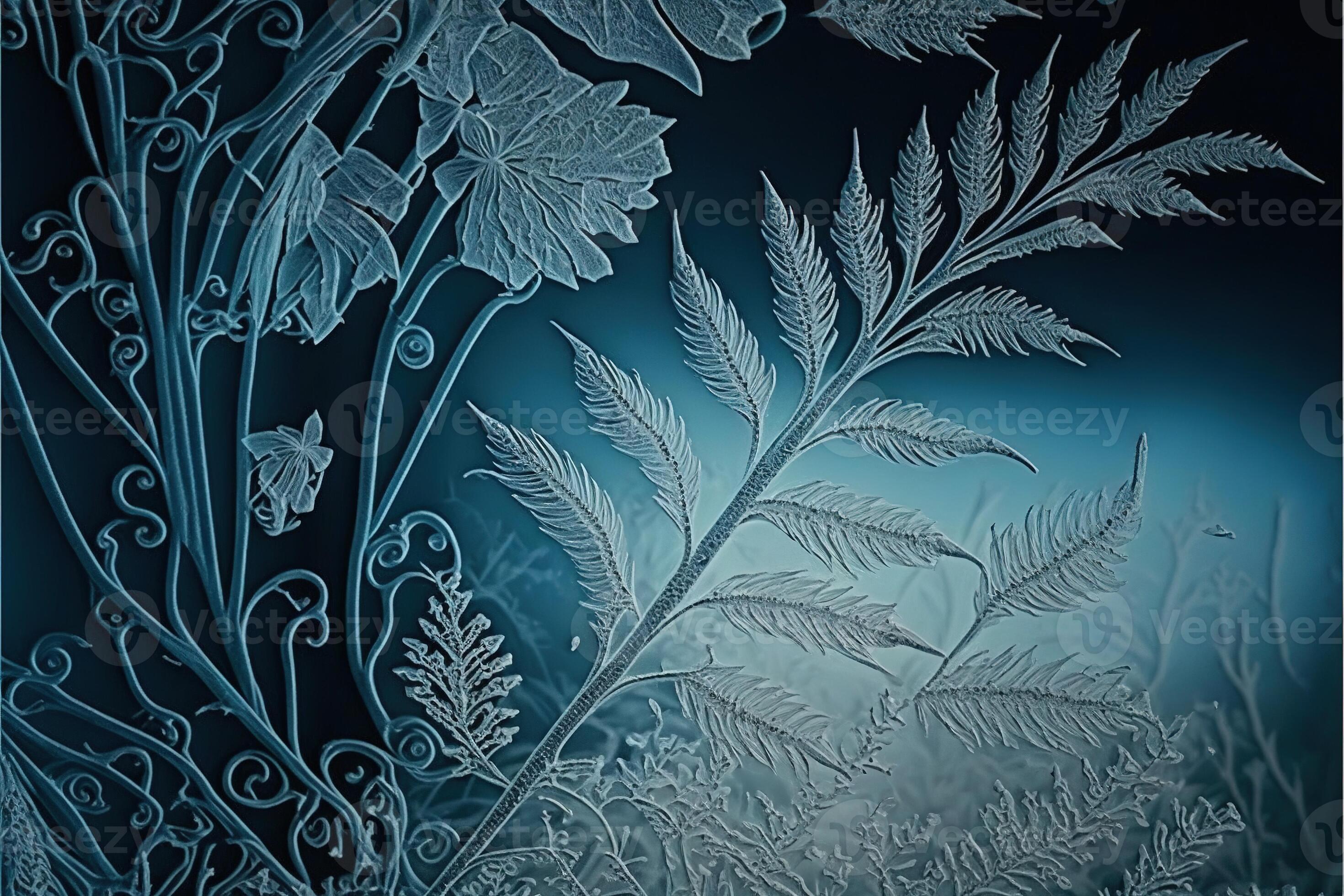 Frozen pattern on the window. Frosted glass in amazing elements. Winter