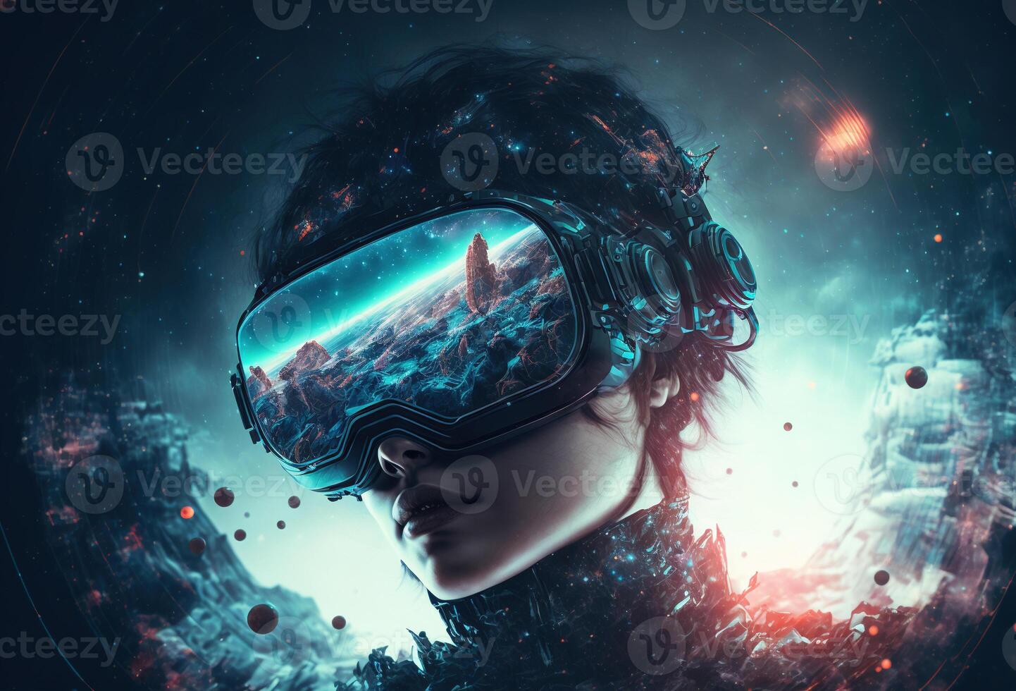 Portrait of a young girl, a woman with VR glasses immersed in virtual reality. Abstract neon light, surreal background. Creative art and technology of the meta-universe. 3D rendering. photo