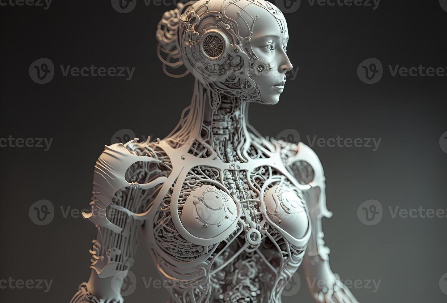 Mechanical android girl, a tangle of wires and technical elements. Humanoid robot woman, complex sci-fi model. White cyberpunk character on dark background. . photo