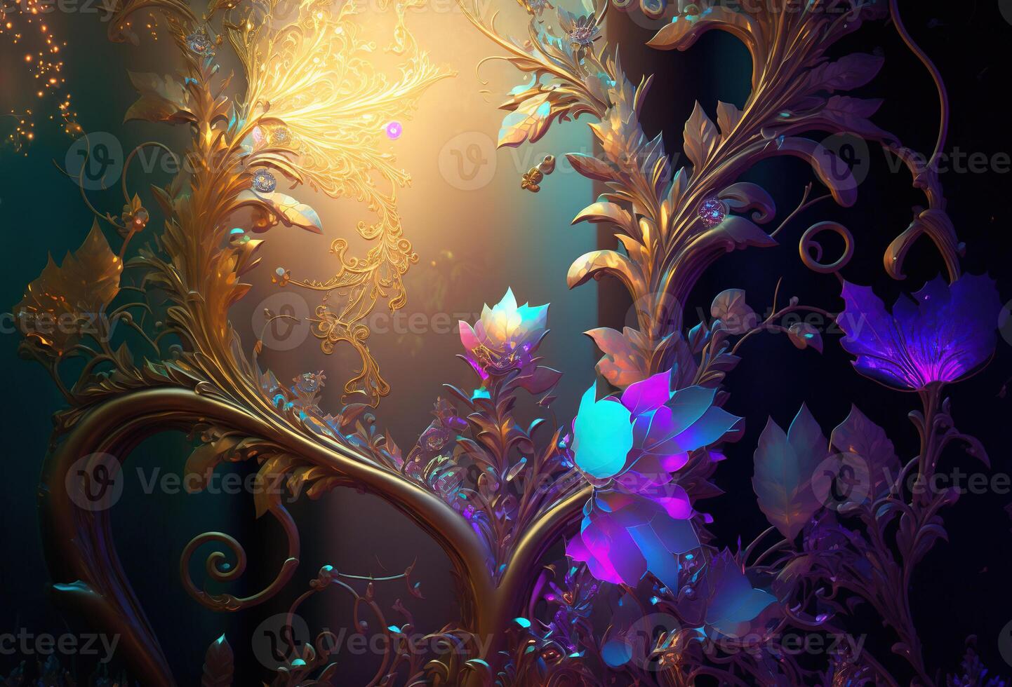 Elegant, luxurious ornament of gold, purple and green flowers and leaves. Abstract floral pattern, jewelry background. 3D rendering. photo