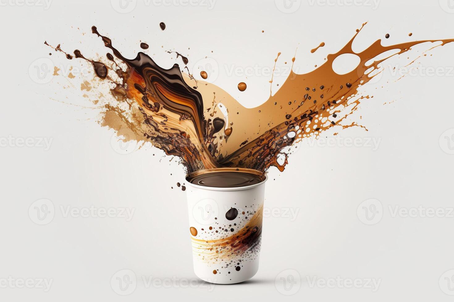Coffee paper cup, splash and splatter. Burst of brown liquid, drips. Abstract illustration on white background. . photo