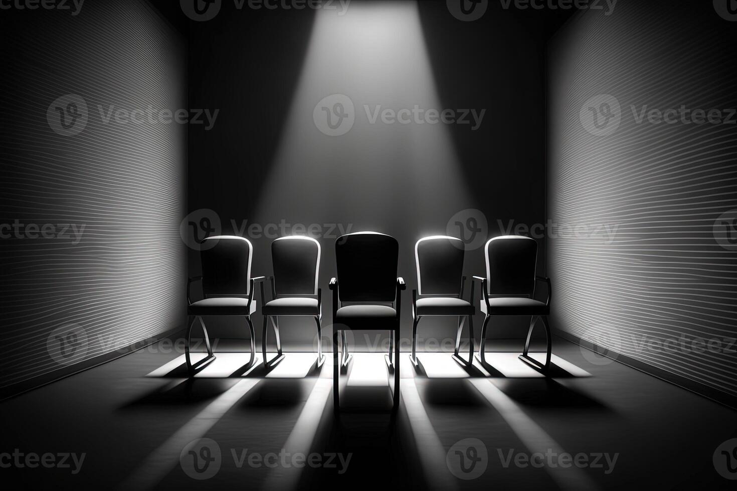 Several office chairs in a dark room are illuminated by beams of studio volumetric light. The concept of teamwork, leadership, success, job vacancy. . photo