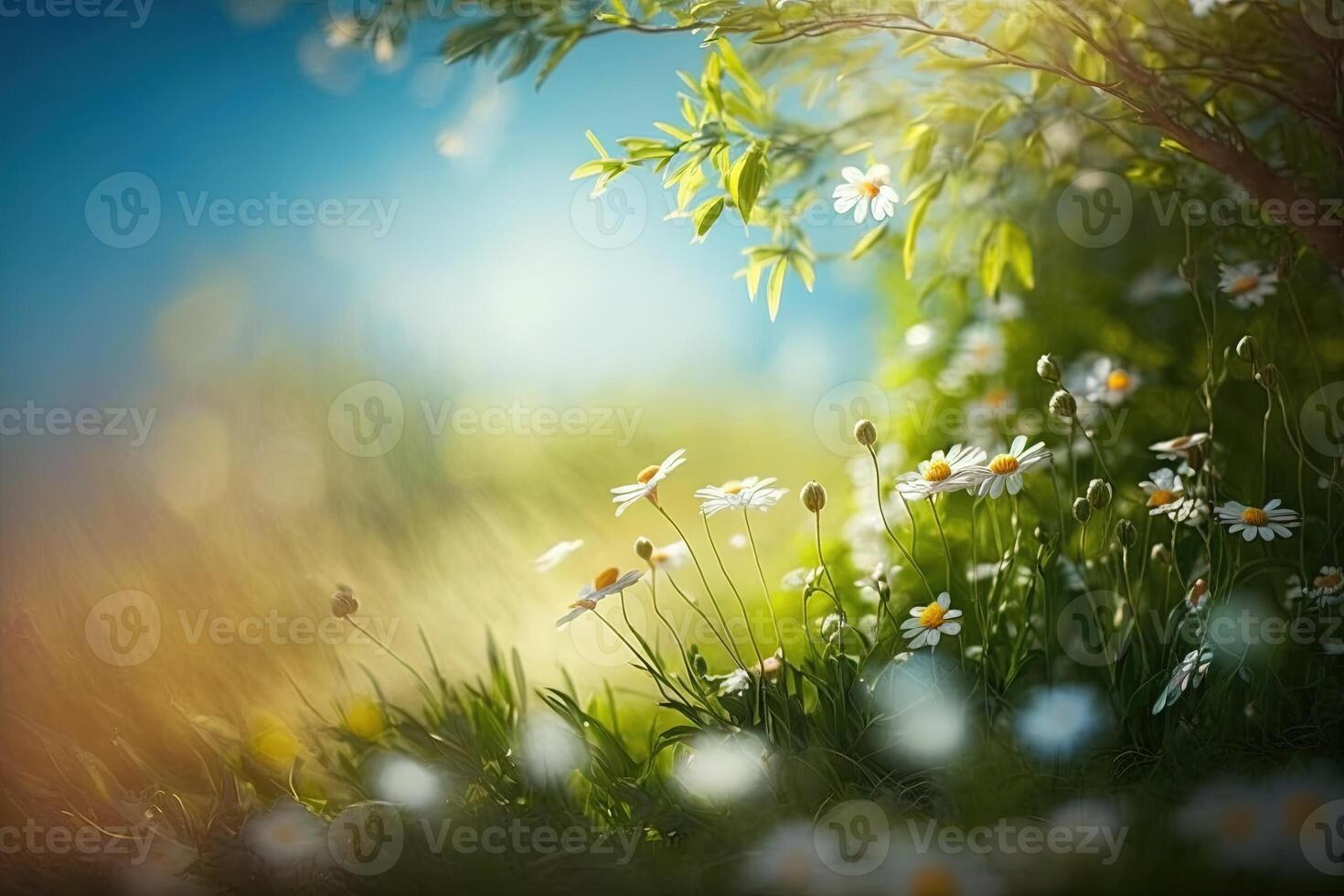 A beautiful spring blurred background. Summer landscape blooming meadow, bright green grass, daisies, colorful flowers. Flowering trees but a background of blue sky with clouds. photo