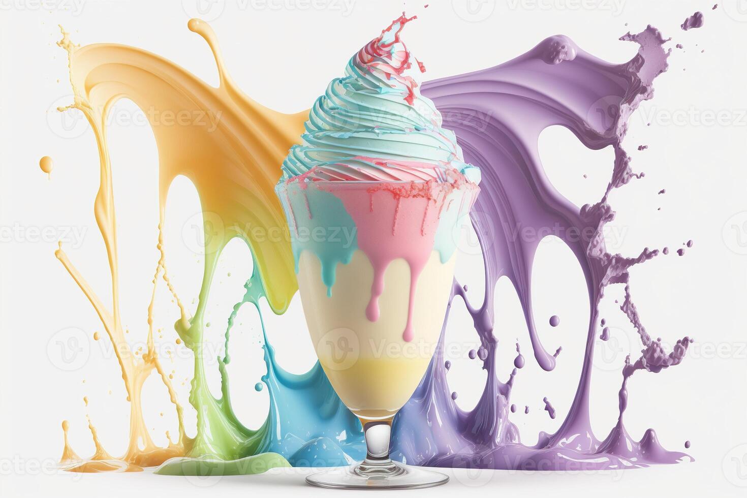 Splash multicolored ice cream in a glass bowl. Splash and drops of cream, milkshake. Abstract illustration of pastel colors on a white background. . photo