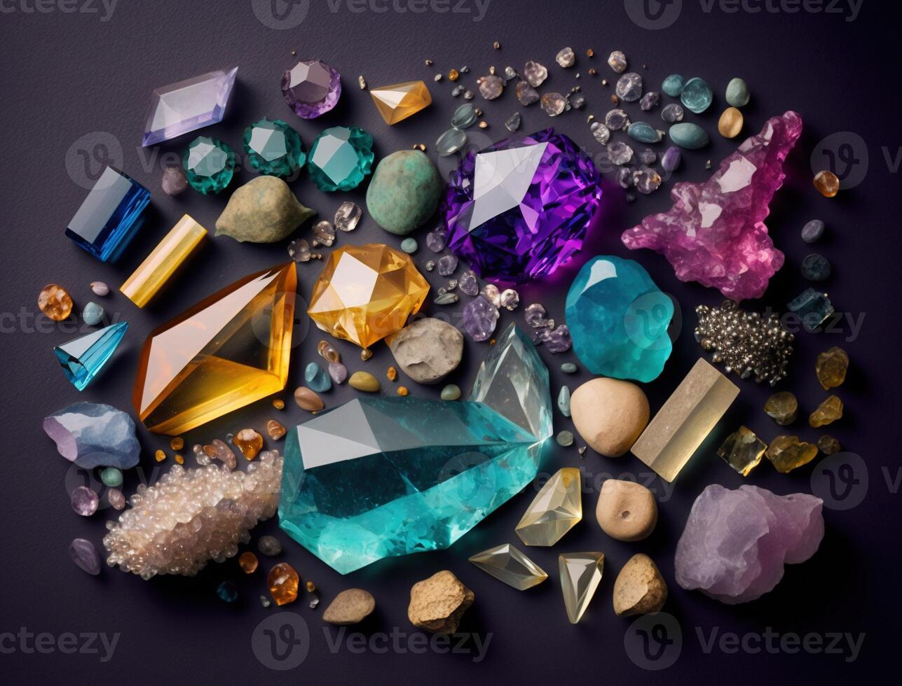 Beautiful collection of crystals and gemstones and minerals on a dark background. Luxury background, stone quartz, glass prism, amber, agate, carnelian, amethyst, nuggets. . photo