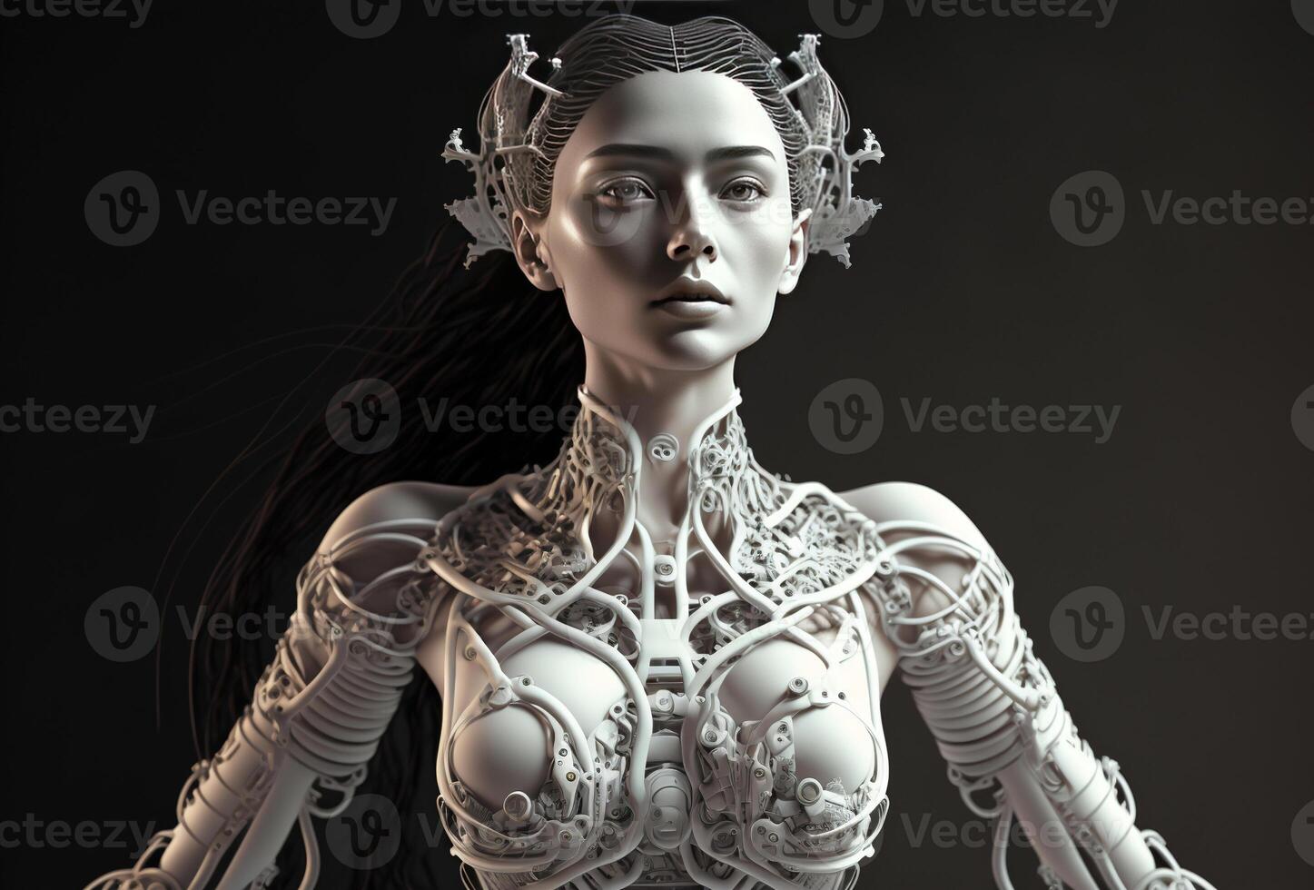 Mechanical android girl, a tangle of wires and technical elements. Humanoid robot woman, complex sci-fi model. White cyberpunk character on dark background. . photo