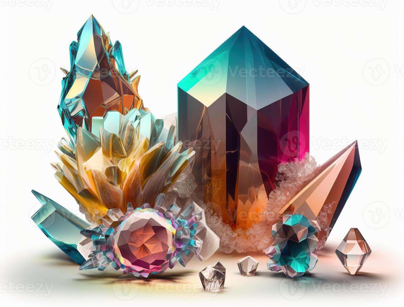 Multicolored crystals and large gems on a white background. Luxury background, stone quartz, glass prism, treasure. . photo