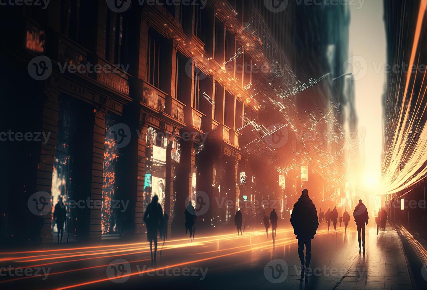 Dark silhouettes of people, rain, reflections in the wet asphalt. Night city street illuminated by neon light. 3D rendering. . photo