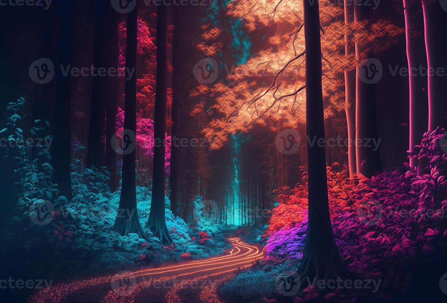 A fairytale forest, a surreal, mystical landscape. The dark trees are illuminated by multicolored psychedelic neon light. A mysterious path through the thicket. 3D rendering. . photo