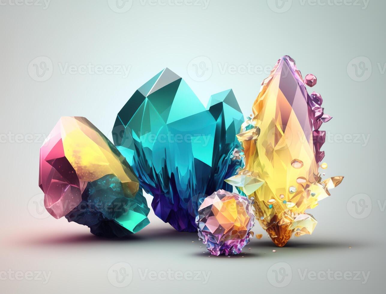 Multicolored crystals and large gems on a white background. Luxury background, stone quartz, glass prism, treasure. . photo