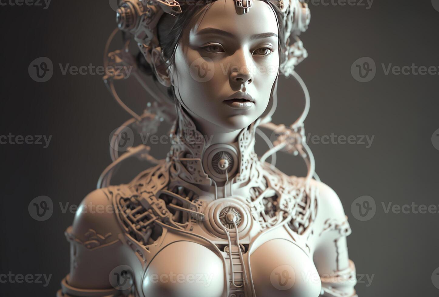 mecánico androide chica, un enredo de alambres y técnico elementos. humanoide robot mujer, complejo ciencia ficción modelo. blanco cyberpunk personaje en oscuro antecedentes. ai generado. foto