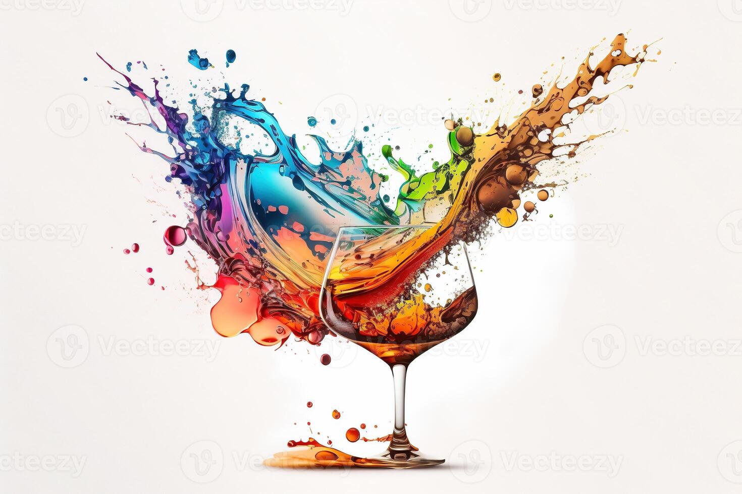 A splash of multicolored liquid in a clear glass. Explosion and splashing cocktail. Abstract illustration on white background. . photo