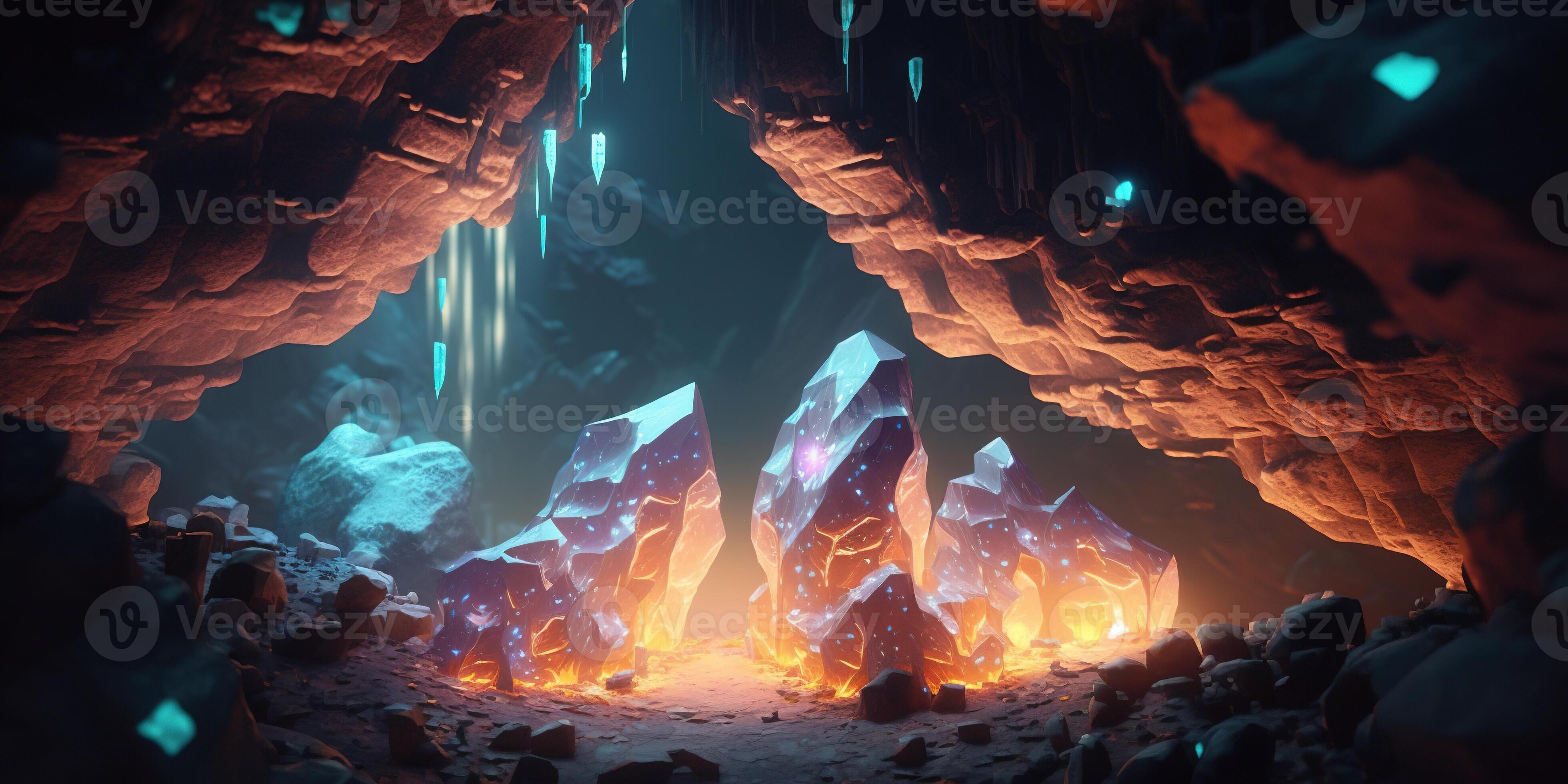 A magical cave with colored crystals and gems. A fairy tale mine, a ...