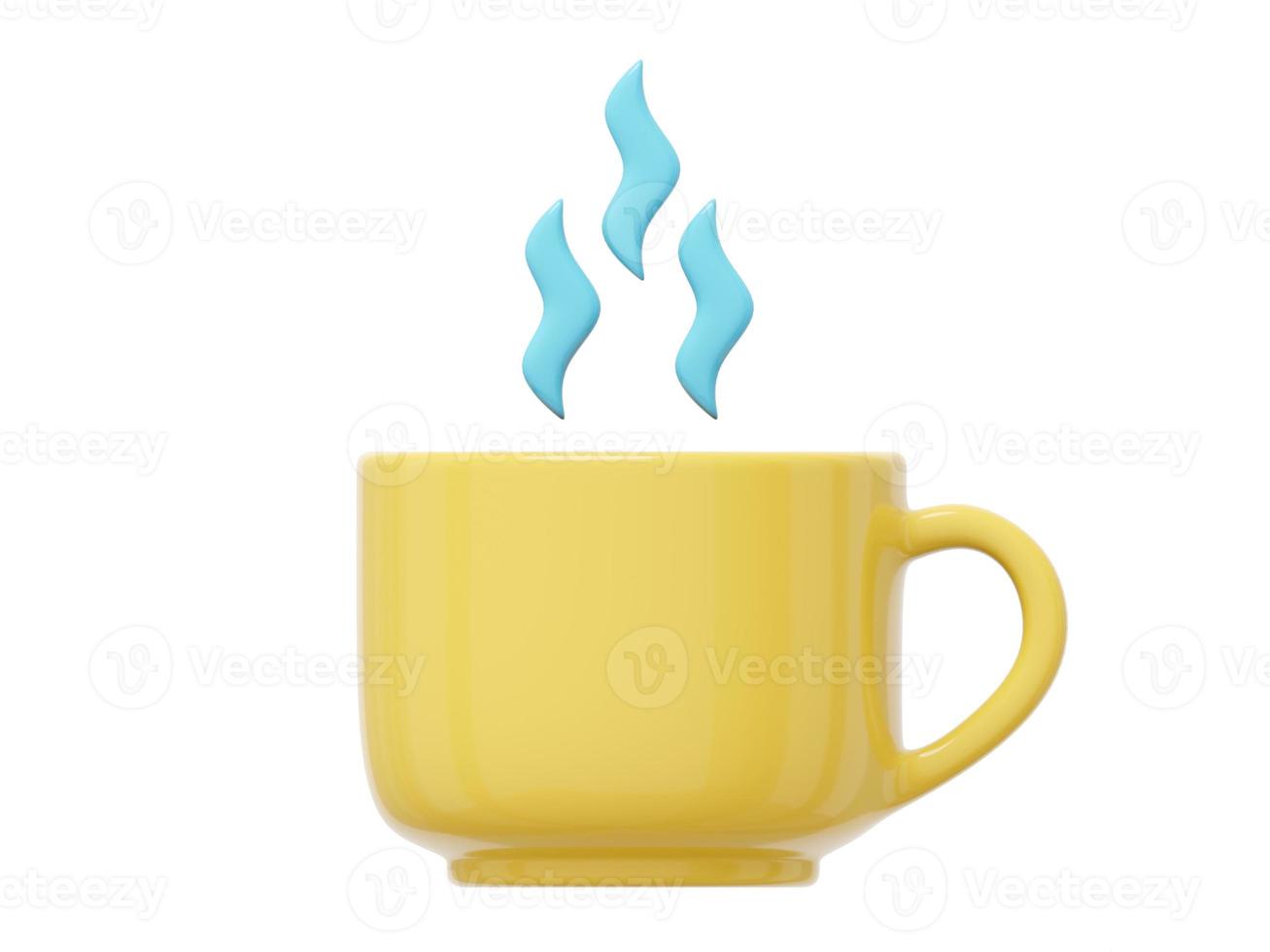 Yellow mug with hot drink and steam. 3D rendering. Icon on a white background. photo