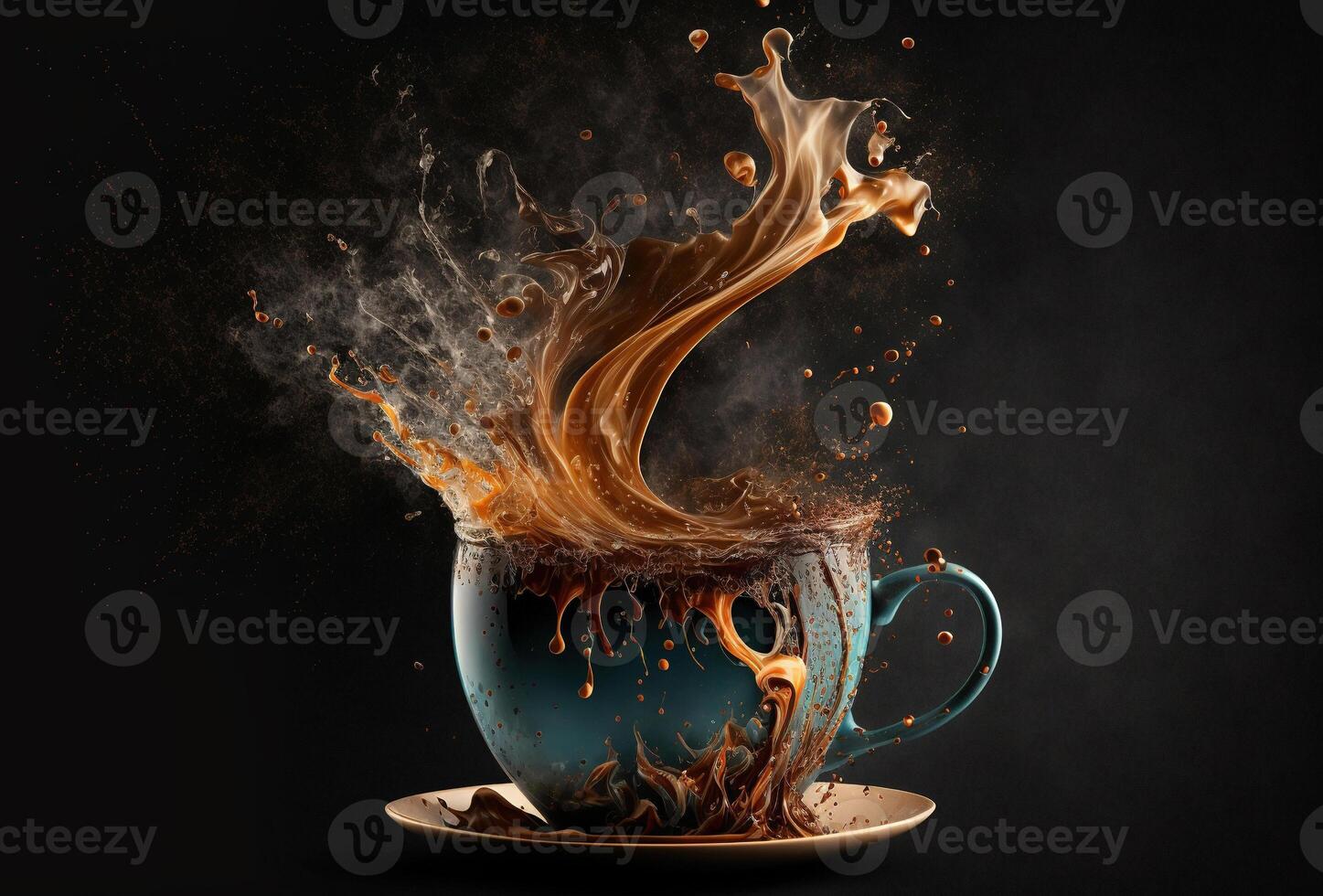 Coffee cup, splash and splatter. Burst of brown liquid, drips. Abstract illustration on dark background. . photo