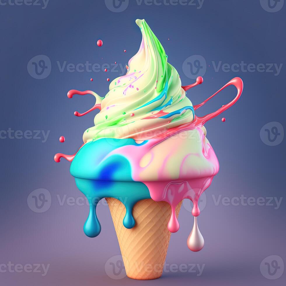 Ice cream cone with flowing multicolored droplets on pastel background. 3D rendering. . photo