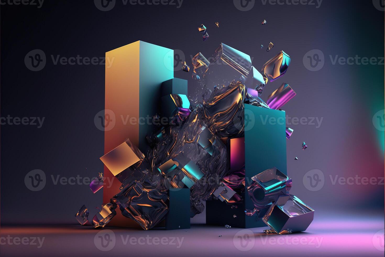 Luxurious abstract background. Simple glass figures. Frozen multicolored liquid. Gradient light. 3D rendering. . photo