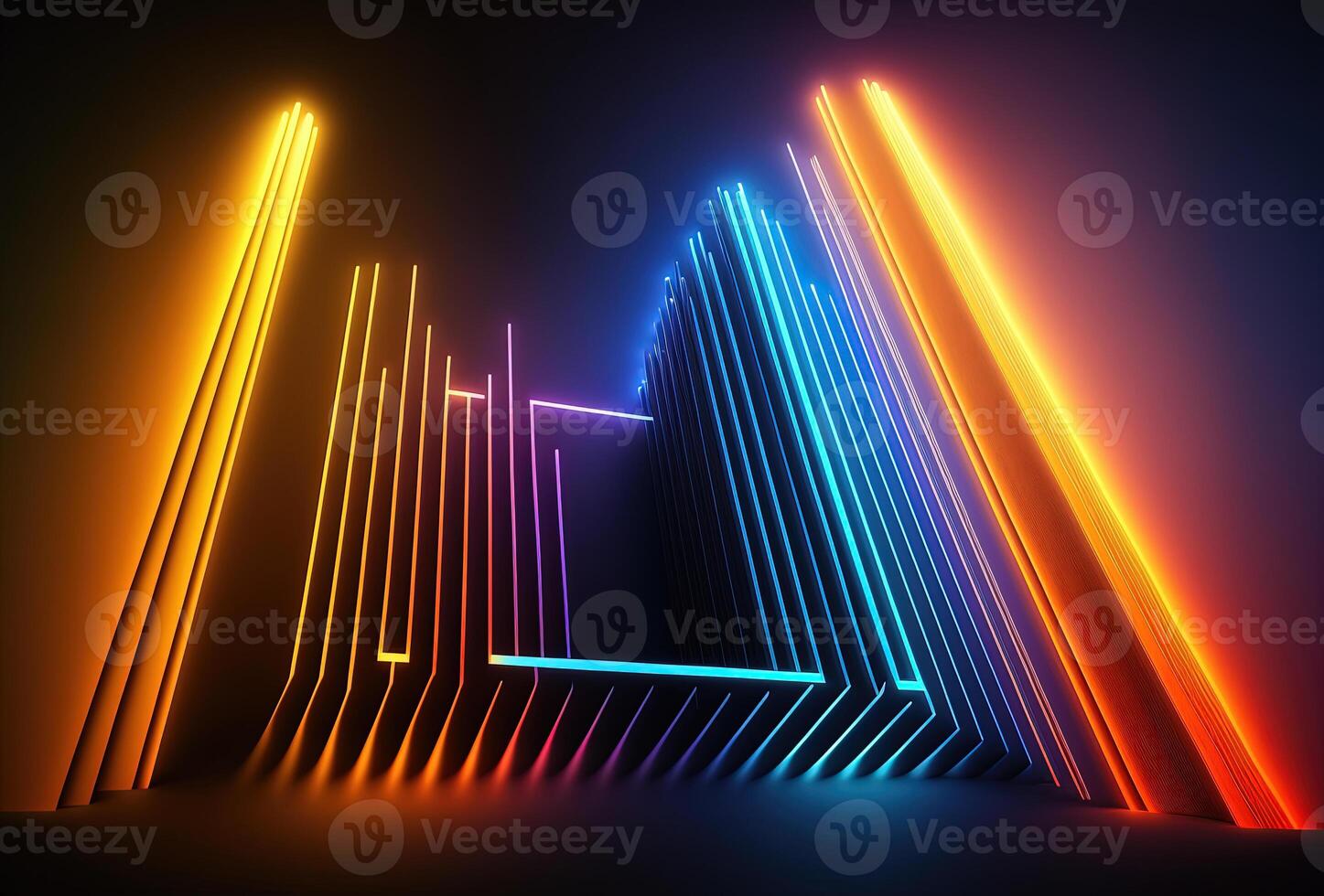 Abstract psychedelic dark background, multicolored glowing neon straight lines. Immersive fantasy interior, corridor, gallery. 3D rendering. . photo