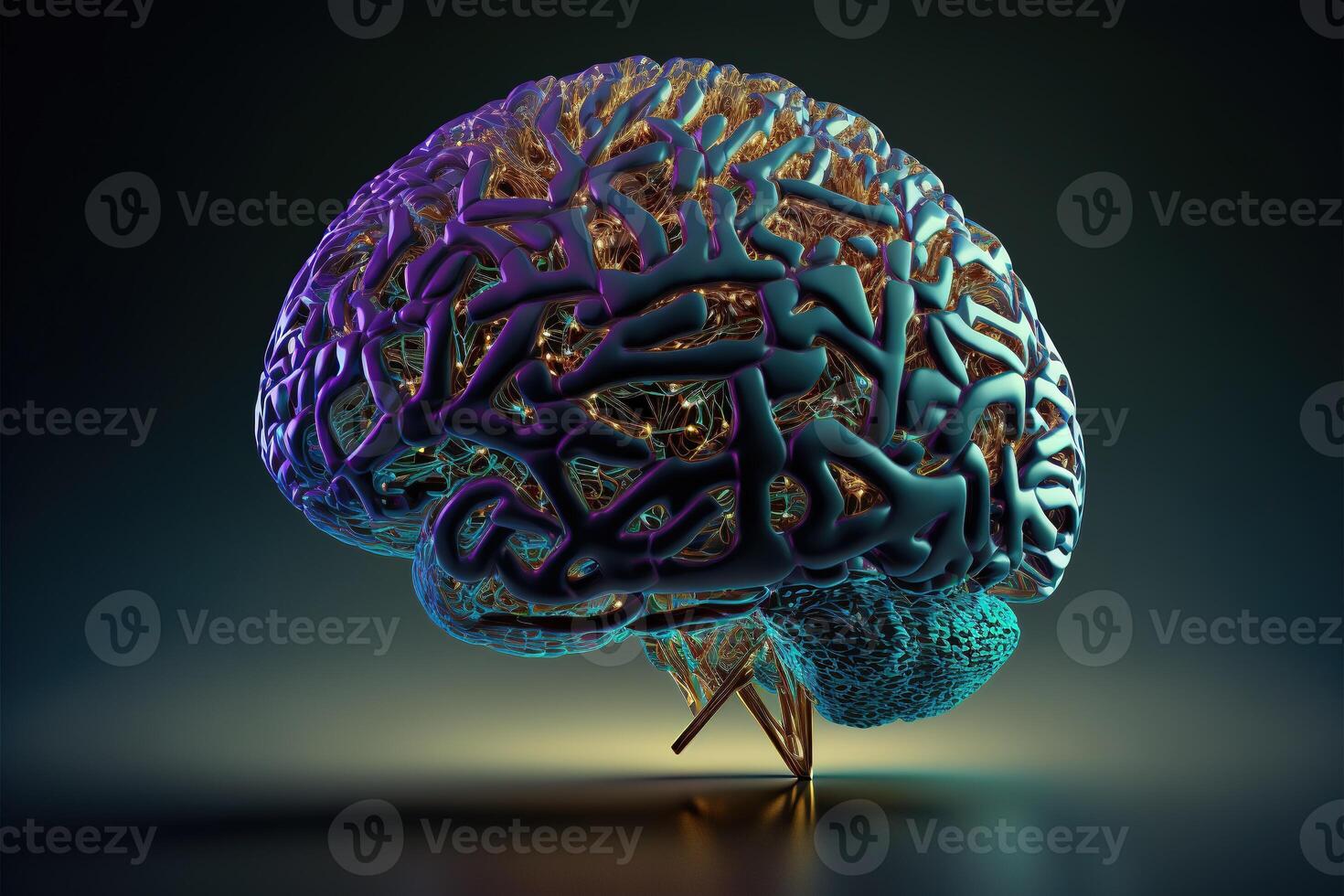 The human brain, an abstract intertwined network of tubes of wires on a dark background. 3D rendering. . photo
