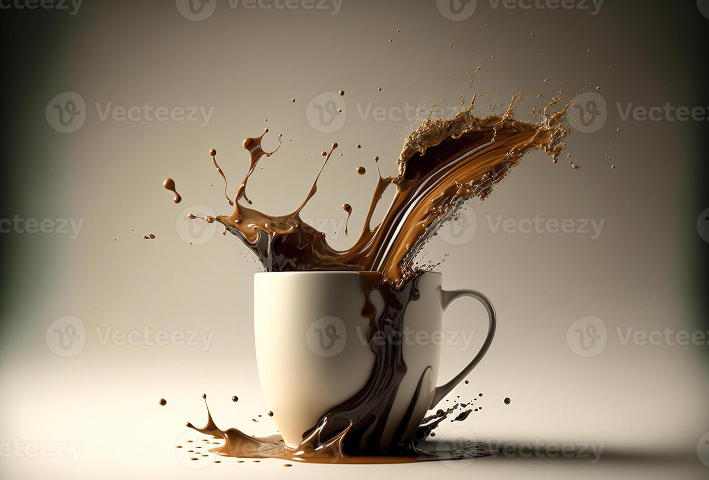 Coffee cup, splash and splatter. Burst of brown liquid, drips. Abstract illustration on light background. . photo